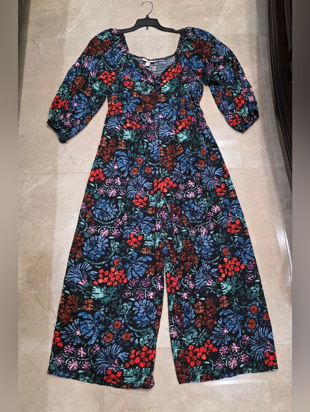 Knox Rose Black Multi Floral Puff-Sleeve Wide-Leg Jumpsuit